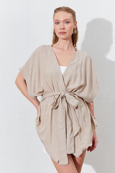 TENA Women's Dark Beige Low Sleeve Belted Kimono