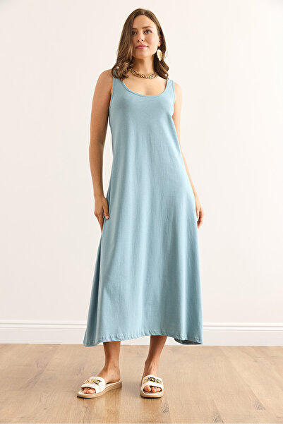 Olalook Women's Mint Green Strap Midi Cotton Bell Dress Elb-19002444