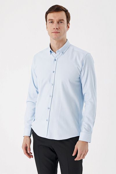 Morven Men's A. Blue Trend Jacquard Pattern Button Collar Slim Fit Shirt