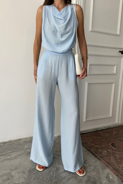 Wear Up Degaje Collar Sleeveless Bluz - Pants Suit - Blue
