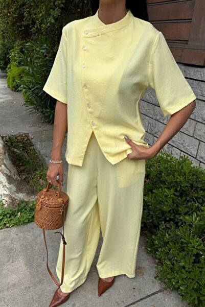 JANES Judge Collar Cross Buttoned Plazzo Trousers Viscon Linen Suit 10209