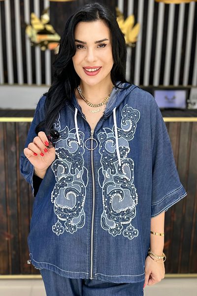 GÖKSEL Thin Jeans Jacket with Pearl Embroidery Plus Size