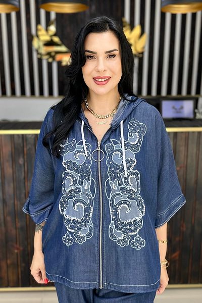 GÖKSEL Thin Jeans Jacket with Pearl Embroidery Plus Size