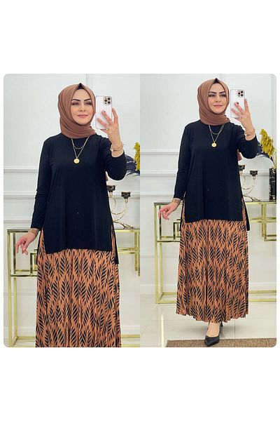 NİSUM MODA Leaf Pattern Sandy Skirt Suit