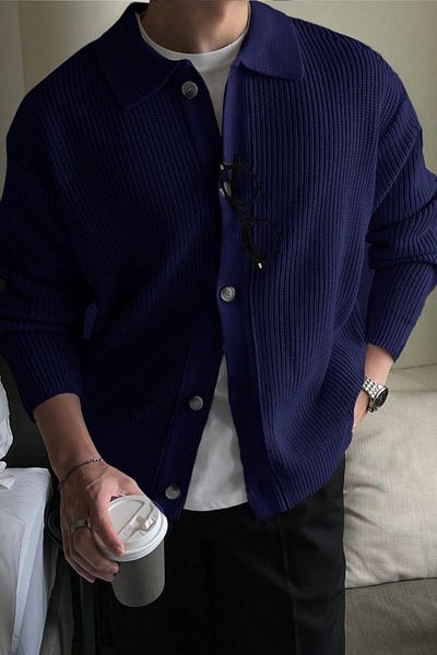 Tarz Cool Ζακέτα με κουμπιά Navy Blue με λεπτομέρεια κανονική εφαρμογή
