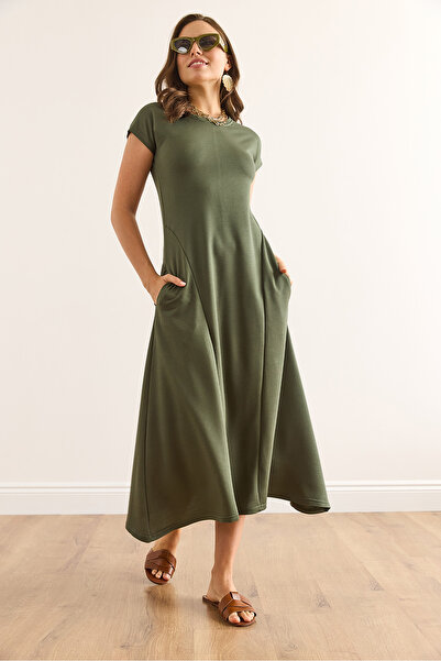 Olalook Women's Khaki Stitching and Pocket Detailed Maxi Crystal Dress Elb-19002451