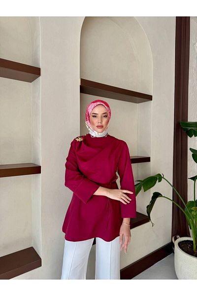MERETTO By Akıl Premium Quality Poplin Fabric Mobile Belt Brooch Detailed Long Sleeve Shirt