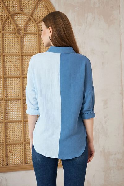 Kentsoylu Women's 100% Cotton Muslin Color Block Two Color Long Sleeve Loose Light-Dark Blue 3458286