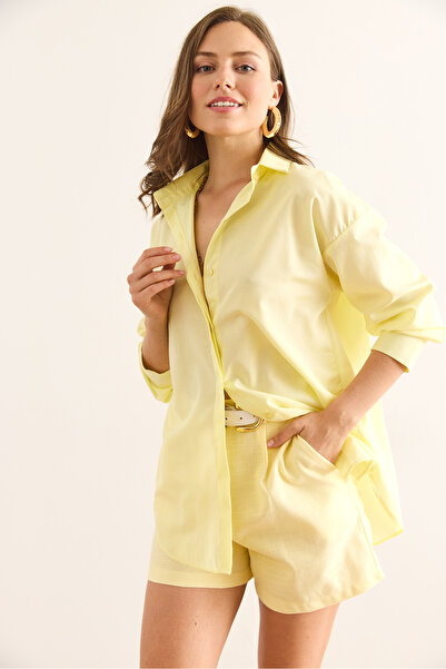 Olalook Women's Light Yellow Hidden Placket Poplin Shirt Gml-19000867