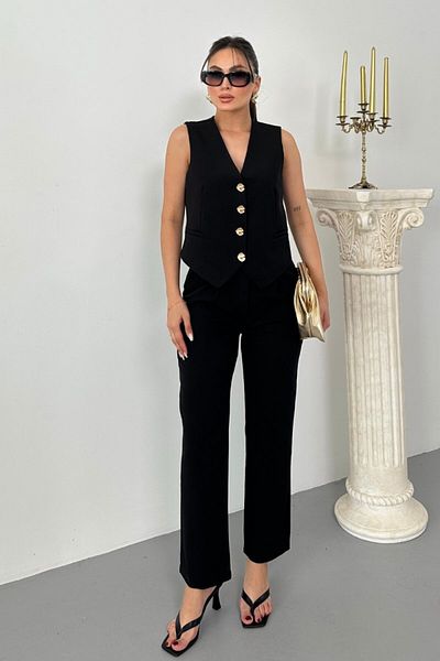 spirituel Women's Top Bottom Set Stylish Gold Button Detailed V Neck Vest Pants Set