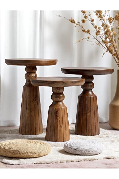 ASELYA HOME Doğal Ahşap 3’lü Set Mantar Yan Sehpa Modern Fiskos Zigon Çiçeklik