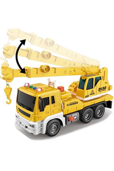 Pitikot Camion cu macara Pitikot®, cu LED, sunete, carlig mobil si ridicare/coborare din buton, galben
