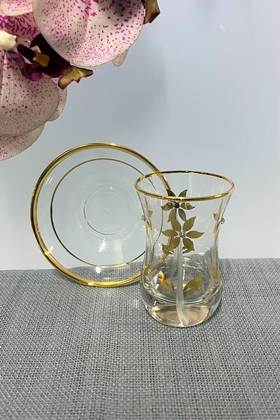 DECOSTYLE Pasabahce 62561 Thick Base Gold Patterned 12 Piece Tea Set 100 Cc