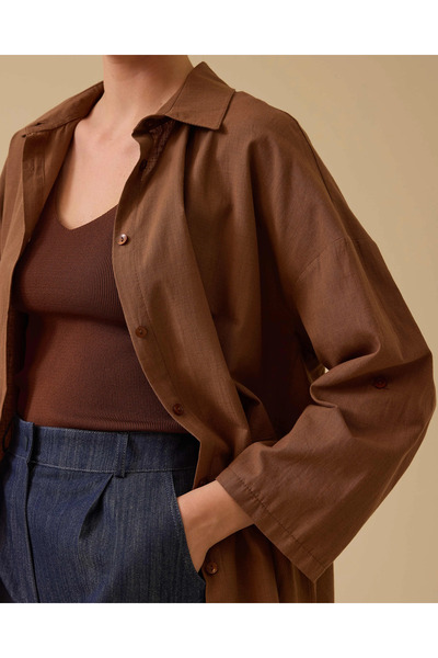 SEÇİL Keten Görünümlü Düğmeli Oversize Gömlek