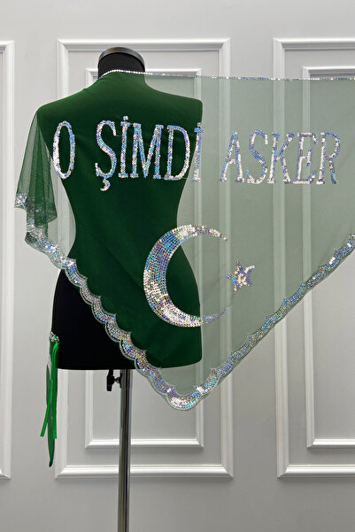 ZEYMERADE O Şimdi Asker Şalı Örtüsü, Yeşil Üçgen Kına Omuz Örtüsü Ayyıldız Pullu