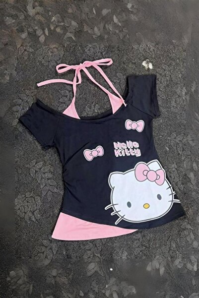 Karakedi Siyah Hello Kitty Ek Askılı Y2K Kısa Kollu Crop