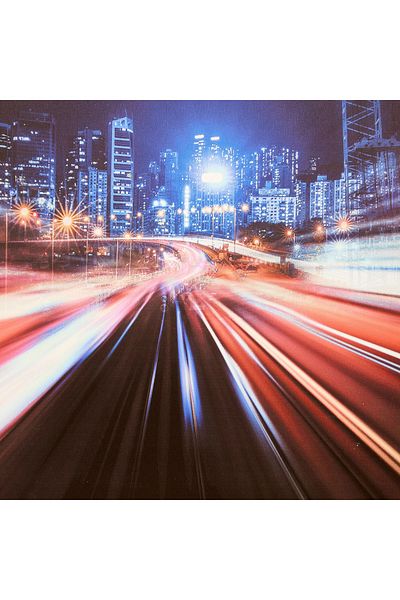 Radium Glow in the Dark' Fast City Canvas – 40x40 cm | Kids' Wall Art with Cityscape & Motion Blur Effect