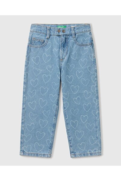 United Colors of Benetton Girl's Denim Heart Printed Mom Fit Denim Pants with Elastic Waist