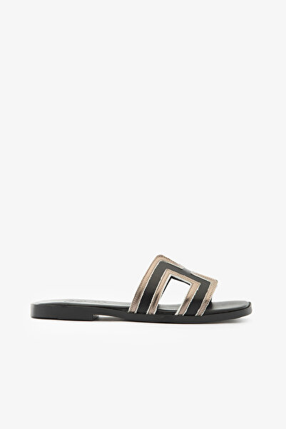 SAYL Μαύρες γυναικείες παντόφλες από γνήσιο δέρμα με λουράκια H