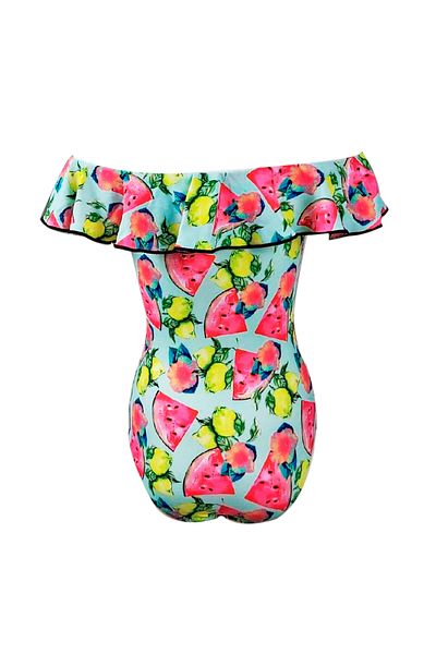 LOOK ME Boat Neck Fruit Patterned Ruffle Girls Swimsuit by Nessi Byrd