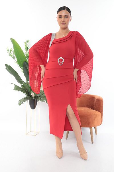 MİSS DİAMOND Stylish Red Short Dress with Stone Embroidered Belt on the Shoulder