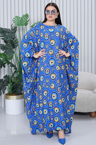 EL jadida Women's Patterned Oversize Plus Size Long Viscose Dress Blue
