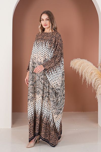EL jadida Women's Patterned Oversize Plus Size Long Viscose Dress Brown