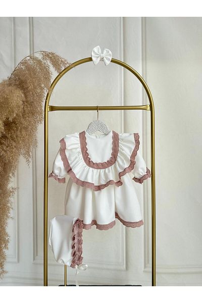 Hobidik Baby Girl Kids Off White Dusty Rose Crepe Fabric Ruffle Dress