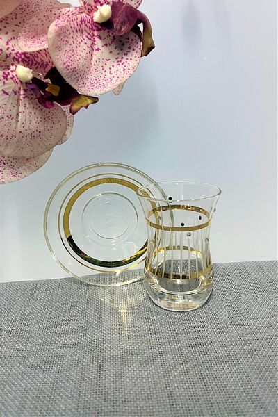 DECOSTYLE Pasabahce 62561 Thick Base Gold Patterned 12 Piece Tea Set 100 Cc