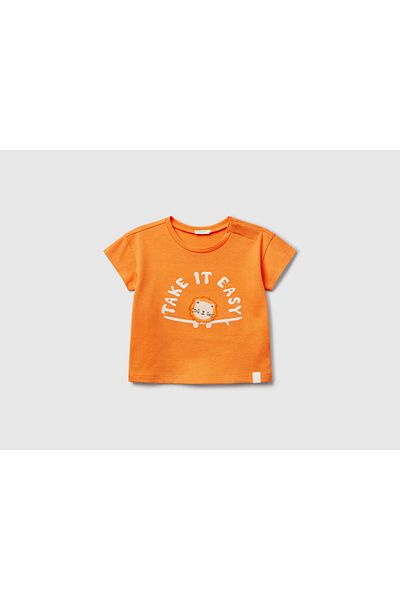United Colors of Benetton Baby Orange Applique and Printed Crew Neck T-Shirt