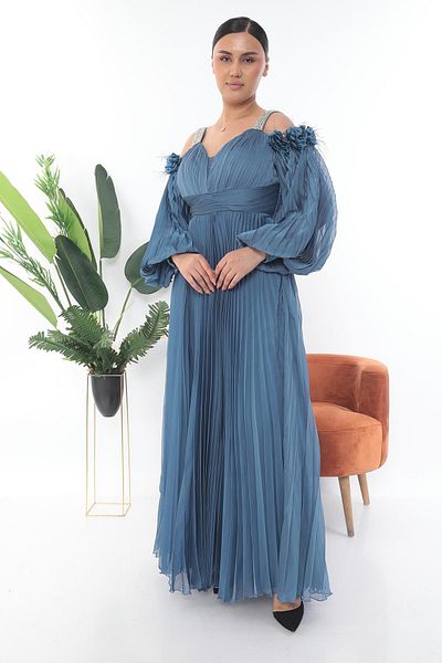 MİSS DİAMOND Long Sleeve Pleated Blue Long Dress with Floral Detail on the Shoulder