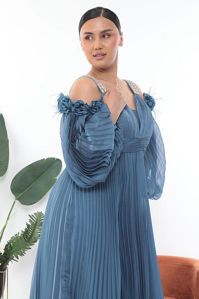 MİSS DİAMOND Long Sleeve Pleated Blue Long Dress with Floral Detail on the Shoulder