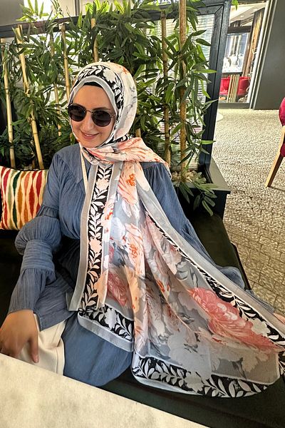 Merve Nayir Imported Silk Voile Rose Flower Pattern Shawl, Floral Pattern Voile Silk Shawl