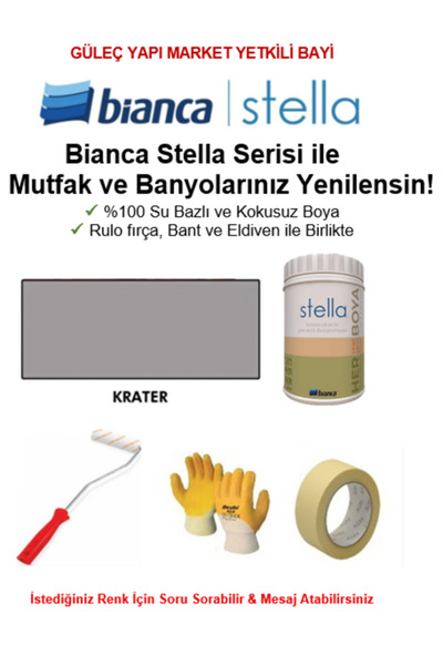 Bianca Stella Su Bazlı Saf Akrilik BOYA ( 1Lt Boya + Rulo fırça, Kağıt Bant ve Eldiven İle Birlikte)