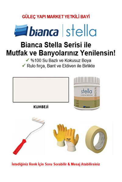 Bianca Stella Su Bazlı Saf Akrilik BOYA ( 0,5Lt Boya + Rulo fırça, Kağıt Bant ve Eldiven İle Birlikte)