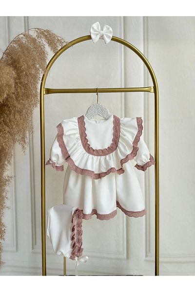 Hobidik Baby Girl Kids Off White Dusty Rose Crepe Fabric Ruffle Dress