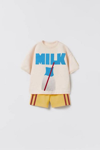 anonim Unisex Kids Milk Printed Cotton Short Sleeve T-Shirt and Shorts Set