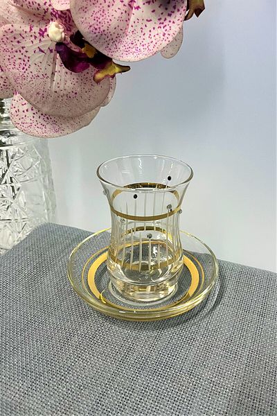 DECOSTYLE Pasabahce 62561 Thick Base Gold Patterned 12 Piece Tea Set 100 Cc