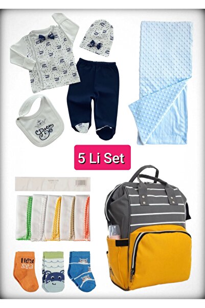 Avşar Baby 5-Piece Birth Set (Mother Baby Bag, Hospital Release Blanket, 10-Piece Wipes and 3-Piece Socks)