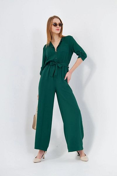 Kentsoylu Women's Emerald Elastic Waist Pocket Belt Long Sleeve Shirt Collar Relaxed Fit Jumpsuit 3297451