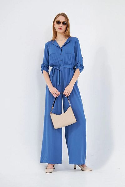 Kentsoylu Cămașă cu mânecă lungă, cu buzunar, cu talie elastică, cu centură, pentru femei, salopetă casual 3297451