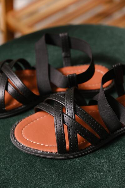 Oksit Liqqa Cross Leather Detailed Elastic Women's Sandals