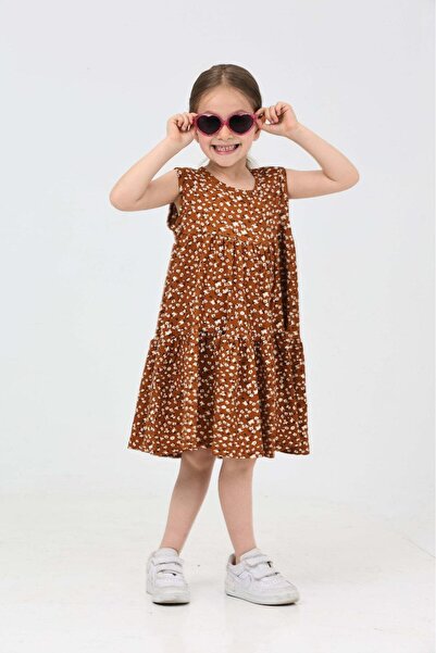 TOFİSA Girl's Tan Floral Patterned Dress - 27215