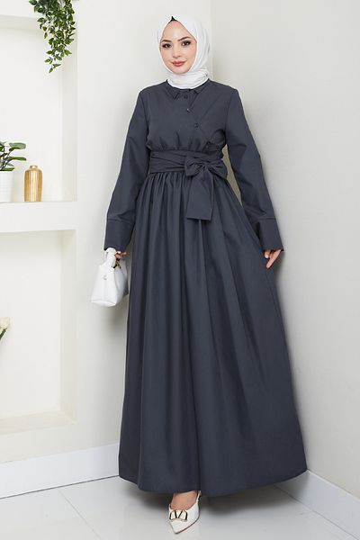InStyle Asymmetric Button Detailed Anthracite Dress