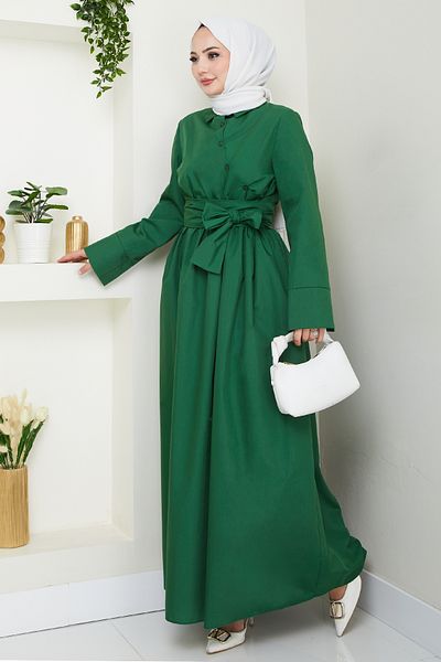 InStyle Asymmetrical Button Detailed Emerald Green Dress