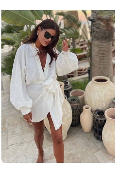 Ladies&Gentlemen Linen Textured Tie-Up White Short Dress