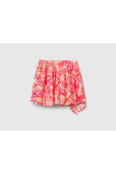 United Colors of Benetton Girl's Orange 100% Viscose Patterned Asymmetrical Flared Skirt with Elastic Waist