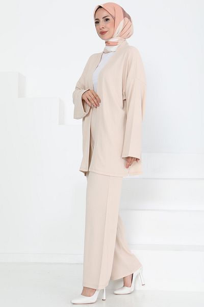 TOFİSA Kimono Suit with Pockets Beige - 27131