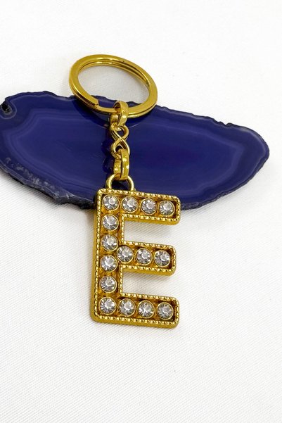 biuti Gold Colored Shiny Stone Letter E Keychain, Gift Letter Keychain