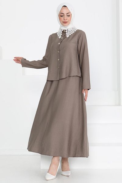 TOFİSA Lace Collar Double Suit Mink - 27179